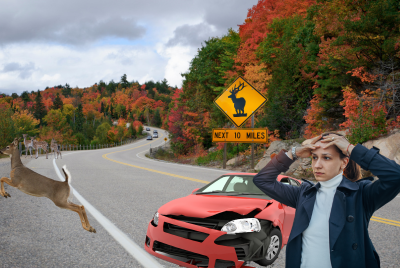 woman with car accident and jumping deer on road